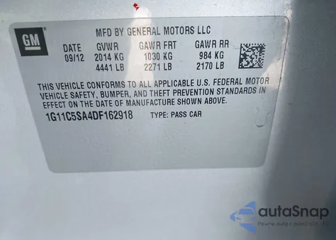 2013 Chevrolet Malibu 1Lt z USA, uszkodzony, nr VIN 1G11C5SA4DF162918